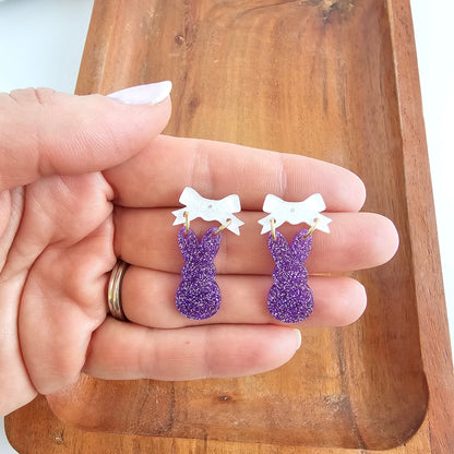 Bow Bunny Earrings - Purple Glitter