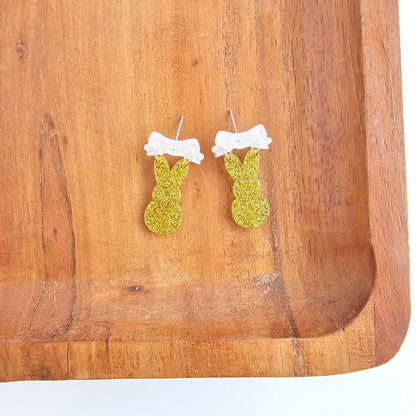 Bow Bunny Earrings - Yellow Glitter