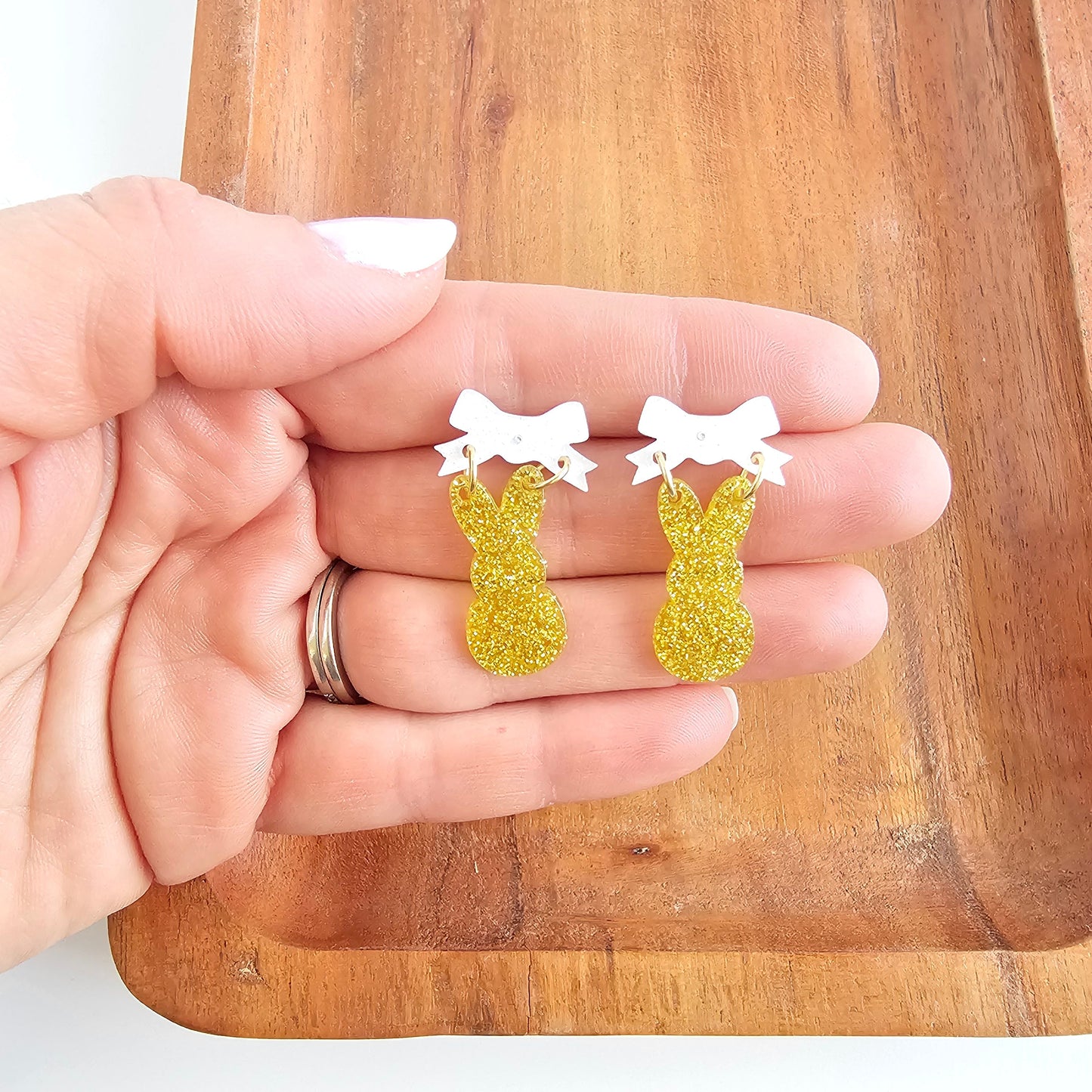 Bow Bunny Earrings - Yellow Glitter