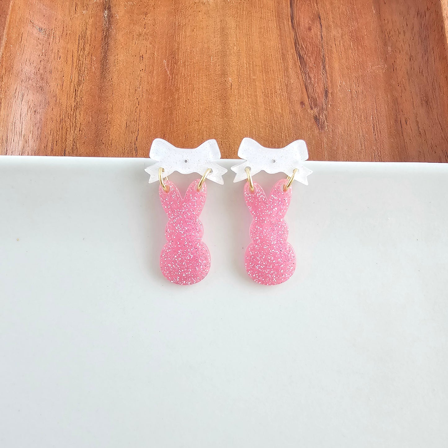 Bow Bunny Earrings - Pink Glitter