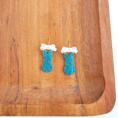 Bow Bunny Earrings - Blue Glitter