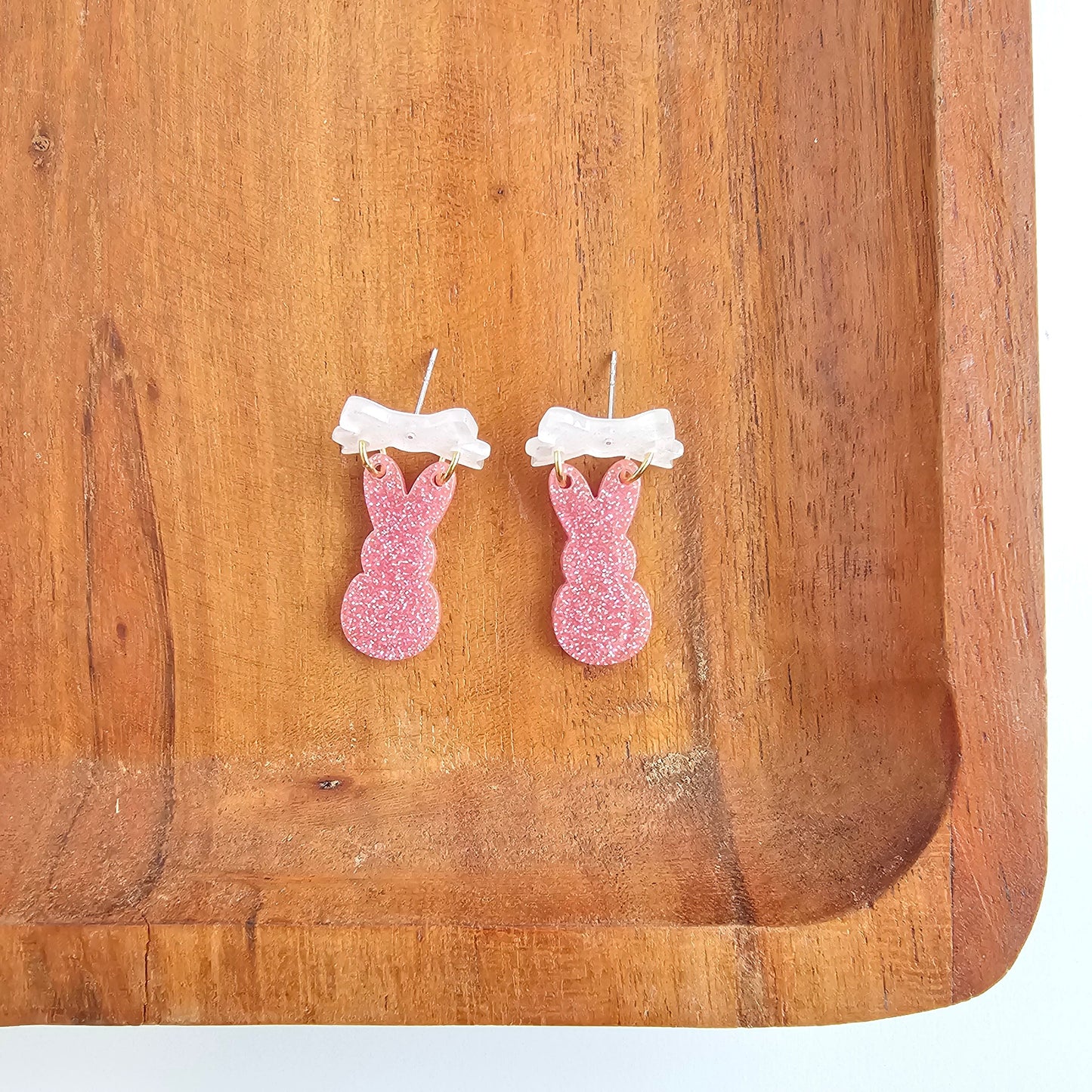 Bow Bunny Earrings - Pink Glitter