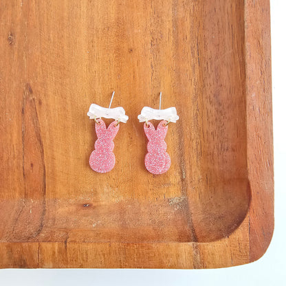 Bow Bunny Earrings - Pink Glitter
