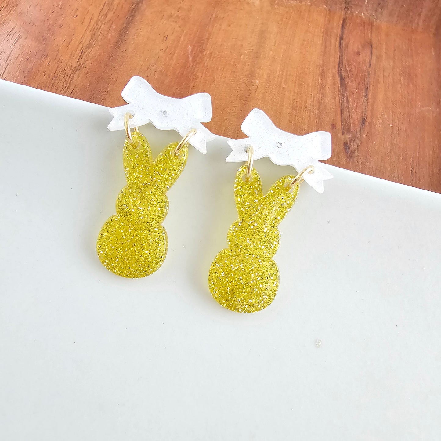 Bow Bunny Earrings - Yellow Glitter